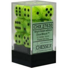 Chessex Dice: 16mm D6 12ct Vortex Bright Green Black CHX27630