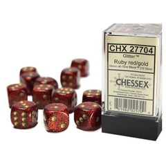 Chessex Dice: 16mm D6 12ct Glitter Ruby Red Gold CHX27704