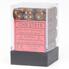 Chessex Dice: 12mm D6 36ct Scarab Blue Blood Gold CHX27819