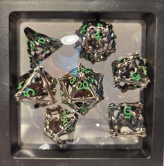 Dice Set: 7 Set Polyhedral Hollow Metal Beholder Silver Green MM778