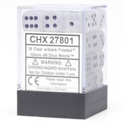 Chessex Dice: 12mm D6 36ct Frosted Clear Black CHX27801