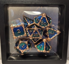 Dice Set: 7 Set Polyhedral Sharp Edge Heavy Metal Rose Gold Teal Dragon Scale MM772