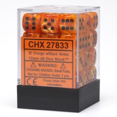 Chessex Dice: 12mm D6 36ct Vortex Orange Black CHX27833