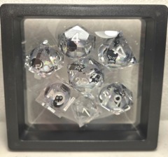 Dice Set: 7 Set Polyhedral Sharp Edge Resin Liquid Core Clear Sparkles with Black Cats MM737