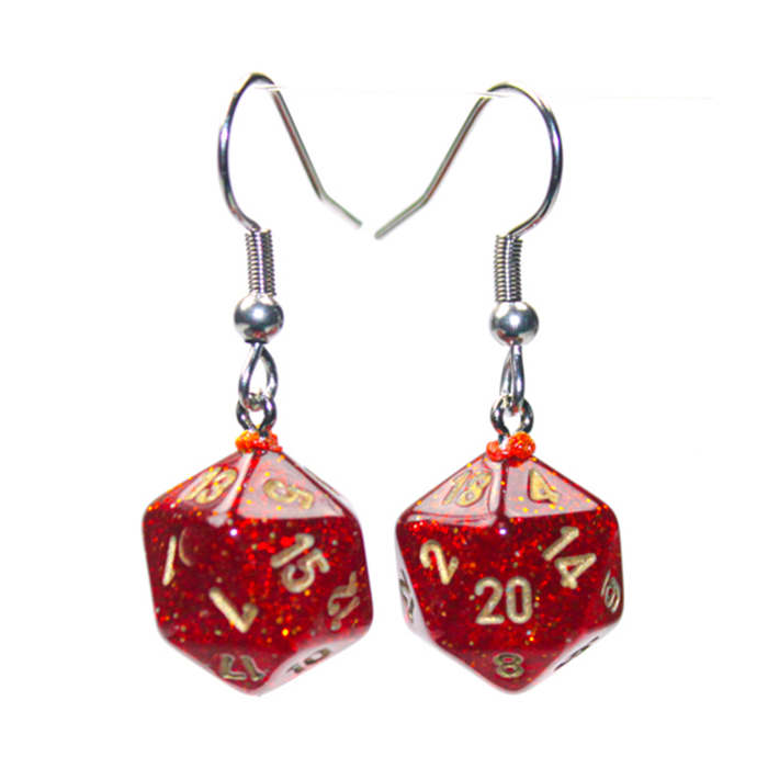 Chessex Dice: D20 Mini Hook Earrings Glitter Ruby Gold CHX54208