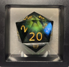 Dice: 35mm D20 Sharp Edged Resin Magic Eye Green Gold Numbers MM803