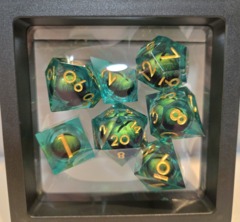 Dice Set: 7 Set Polyhedral Sharp Edge Resin Liquid Core Eyeball Green MM712