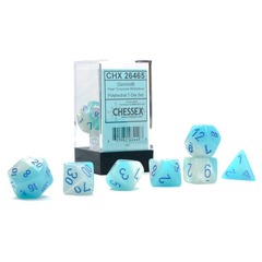 Chessex Dice: 7 Set Polyhedral Luminary (black light reactive) Gemini Pearl Turquoise White Blue CHX26465