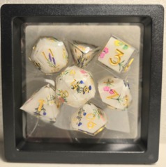 Dice Set: 7 Set Polyhedral Sharp Edge Resin White Flowers Multi-Colored MM720