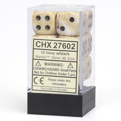 Chessex Dice: 16mm D6 12ct Marble Ivory Black CHX27602