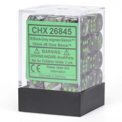 Chessex Dice: 12mm D6 36ct Gemini Black Grey Green CHX26845