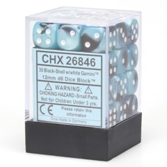 Chessex Dice: 12mm D6 36ct Gemini Black Shell White CHX26846