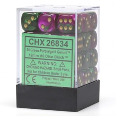 Chessex Dice: 12mm D6 36ct Gemini Green Purple Gold CHX26834