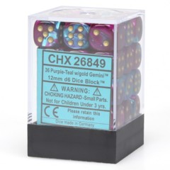 Chessex Dice: 12mm D6 36ct Gemini Purple Teal Gold CHX26849