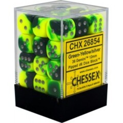 Chessex Dice: 12mm D6 36ct Gemini Green Yellow Silver CHX26854