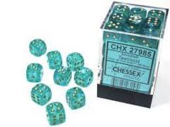 Chessex Dice: 12mm D6 36ct Luminary (black light reactive) Borealis Teal Gold CHX27985