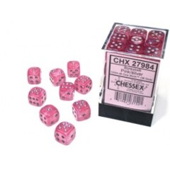 Chessex Dice: 12mm D6 36ct Luminary (black light reactive) Borealis Pink Silver CHX27984