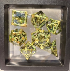 Dice Set: 7 Set Polyhedral Hollow Metal Captive Magic Dragon Inside Yellow Green MM784