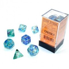 Chessex Dice: 7 Set Polyhedral Luminary (black light reactive) Nebula Oceanic Gold CHX27556