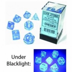 Chessex Dice: 7 Set Polyhedral Luminary (black light reactive) Borealis Sky Blue White CHX27586