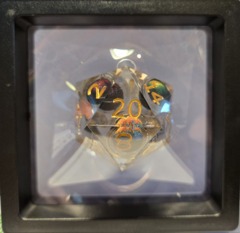Dice: 35mm D20 Sharp Edged Resin Magic Eyes Gold Numbers MM758