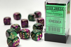 Chessex Dice: 16mm D6 12ct Gemini Green Purple Gold CHX26634