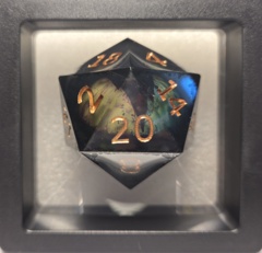 Dice: 35mm D20 Sharp Edged Resin Magic Eye Black Gold Numbers MM804
