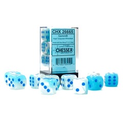 Chessex Dice: 16mm D6 12ct Luminary (black light reactive) Gemini Pearl Turquoise White Blue CHX26665