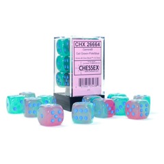 Chessex Dice: 16mm D6 12ct Luminary (black light reactive) Gemini Gel Green Pink Blue CHX26664