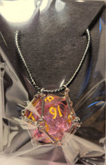 Hymgho Dice: D20 Necklace Mysticage Pink Sparkle Silver Liquid Core HYJ031