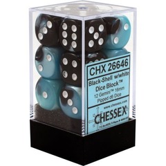 Chessex Dice: 16mm D6 12ct Gemini Black Shell White CHX26646