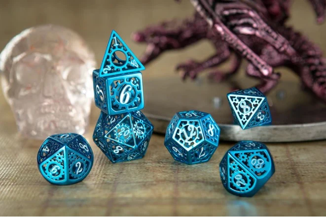 Blue with White Enamel Hollow Metal Gears of Providence Polyhedral Dice Set