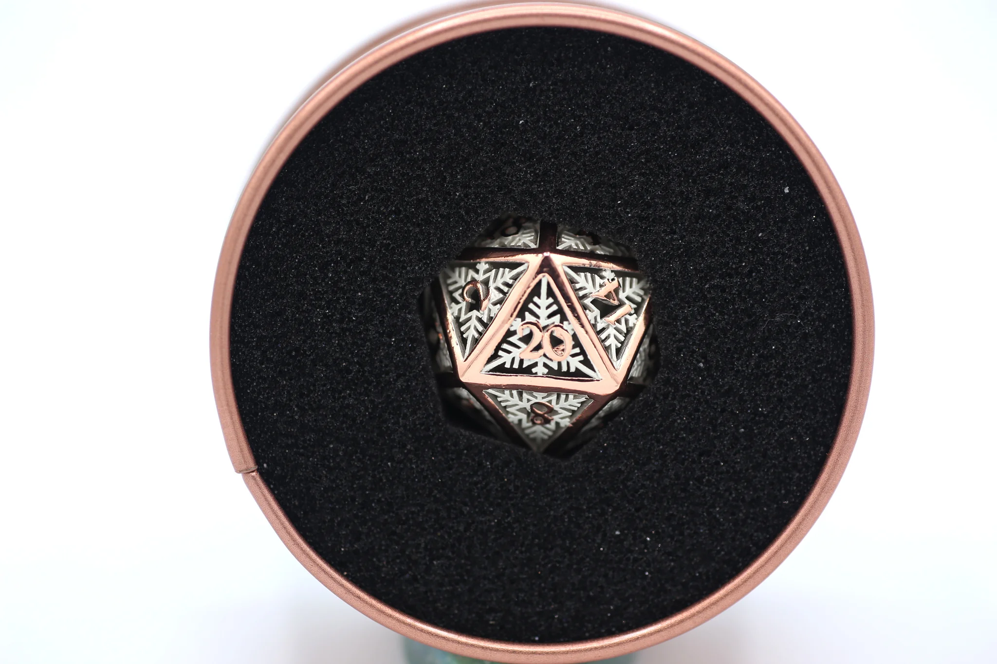 Single Hollow Metal Snowflake d20 Dice - Rose Gold