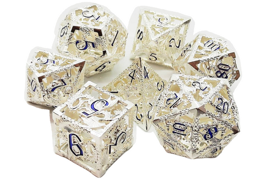 Old School Hollow Dragon Dice: Silver w/ Blue