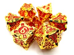 Old School 7 Piece DnD RPG Metal Dice Set: Gnome Forged - Gold w/ Red