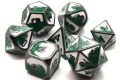 Old School 7 Piece DnD RPG Metal Dice Set: Dragon Forged - Green & White w/ Black Nickel
