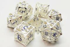 Old School 7 Piece DnD RPG Metal Dice Set: Hollow Dragon Dice - Silver w/ Blue