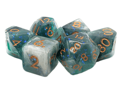 Old School 7 Piece DnD RPG Dice Set: Particles - Black, White & Green Mist