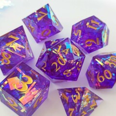 Old School 7 Piece DnD RPG Dice Set: Sharp Edged - Amethyst Blast