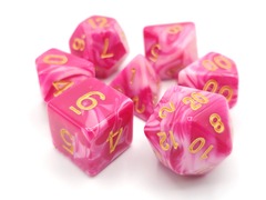 Old School 7 Piece DnD RPG Dice Set: Vorpal - Rose Red & White w/ Gold