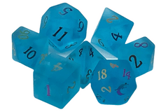 Old School 7 Piece DnD RPG Gemstone Set:  Frosted Blast Glass - Blue Sapphire w/ Spectral