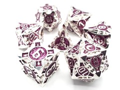 Old School 7 Piece DnD RPG Metal Dice Set: Gnome Forged - Silver w/ Purple