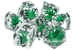 Old School 7 Piece DnD RPG Dice Set: Sharp Edged - It's 4:20 Time - Green w/ Black