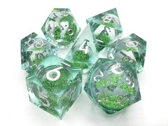 Old School 7-Piece Sharp Edged Dice Set: Liquid Infused - Emerald Fury