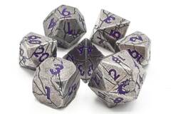 Old School 7 Piece DnD RPG Metal Dice Set: Orc Forged - Ancient Silver w/ Purple