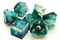 Old School 7 Piece DnD RPG Dice Set: Sharp Edged - Emerald Forest