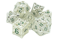 Old School 7 Piece DnD RPG Metal Dice Set: Hollow Dragon Dice - Silver w/ Green