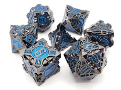 Old School 7 Piece DnD RPG Metal Dice Set: Gnome Forged - Black Nickel w/ Blue