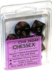 Gemini Black-Purple w/Gold Set of 10 d10 Dice CHX 26240