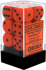 12 D6 Dice Set: Opaque Orange w/black 16mm - CHX25603